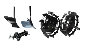 Paquete de Accesorios Básico para Motoazada/Motocultor (Arado, Adaptador de Acoplamiento de Accesorios, Aporcador Ajustable, Ruedas Metálicas 4.00 con Bujes).